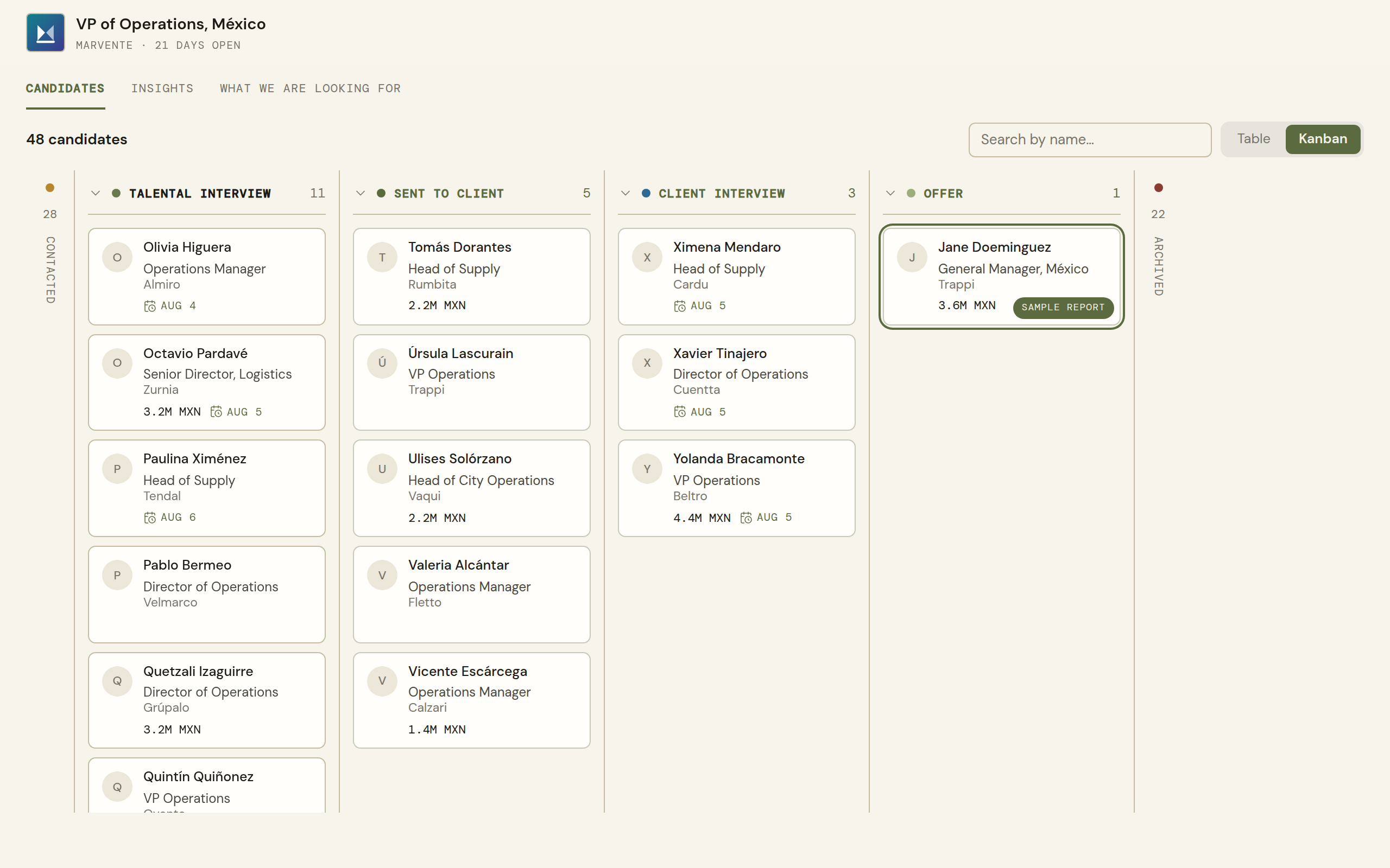 The Talental client portal board in the live demo: candidates by stage, with compensation and city on each card