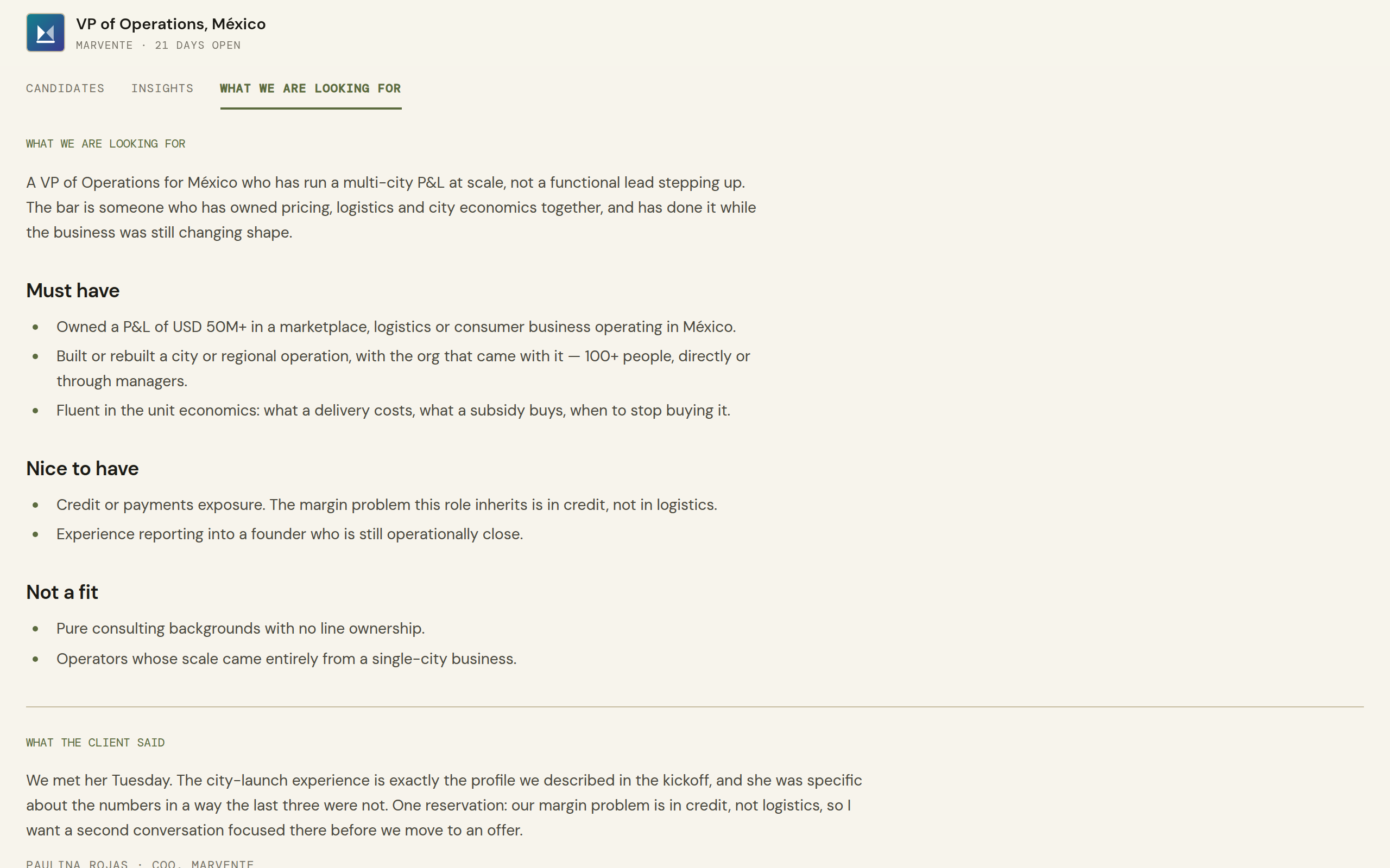 The search brief in the live demo: the profile agreed at kickoff, visible to the client for the whole search
