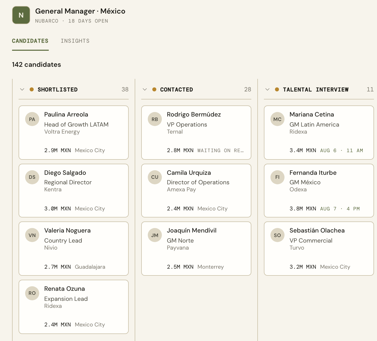 Talental client portal board view: candidates by stage across screening, interviews, submitted, and offer, with sample data